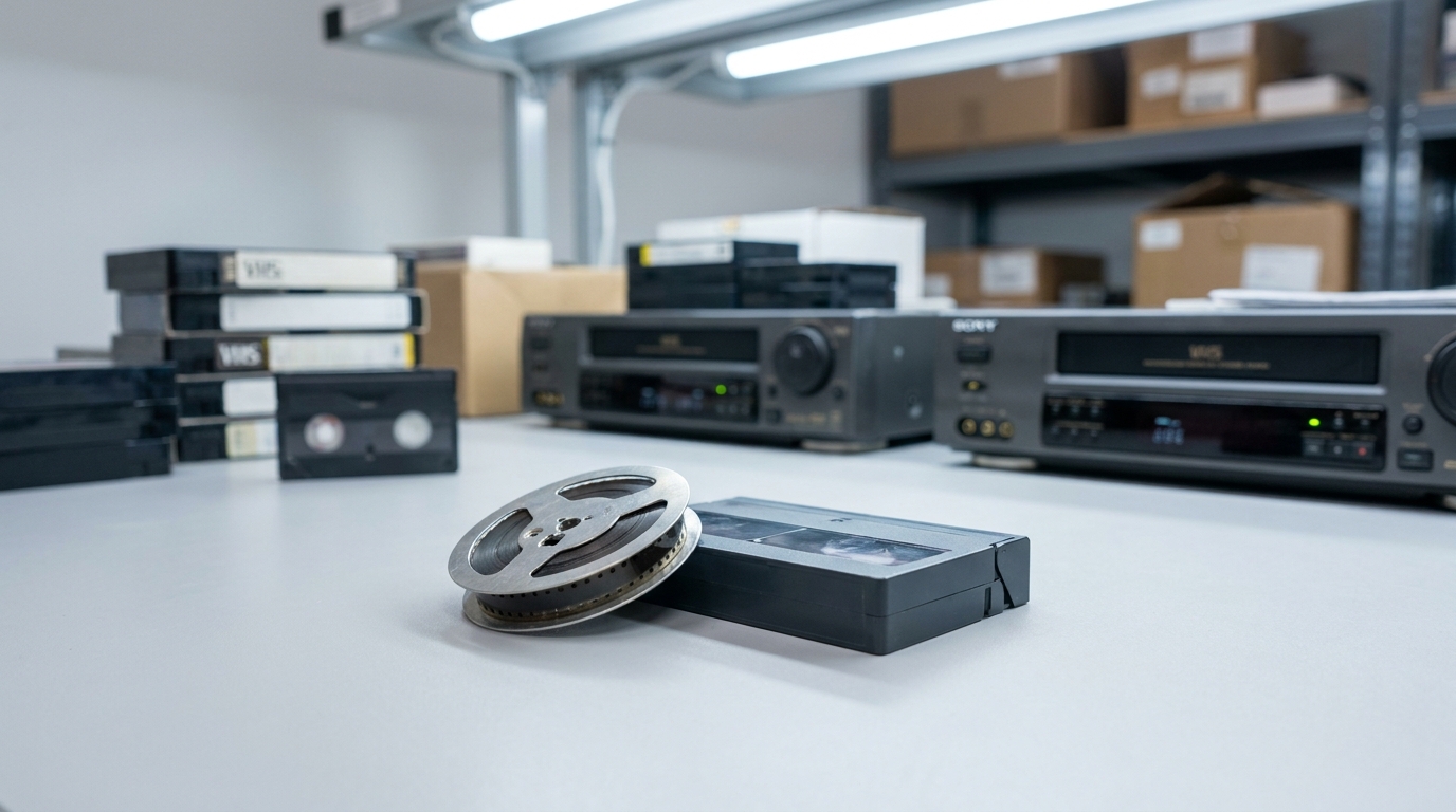 8mm film on a reel beside an 8mm video cassette: the same number, two completely different things