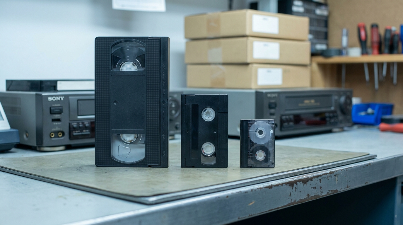 VHS, Hi8 and MiniDV cassettes side by side on the intake bench at Legacy Digital's lab in Orange, California