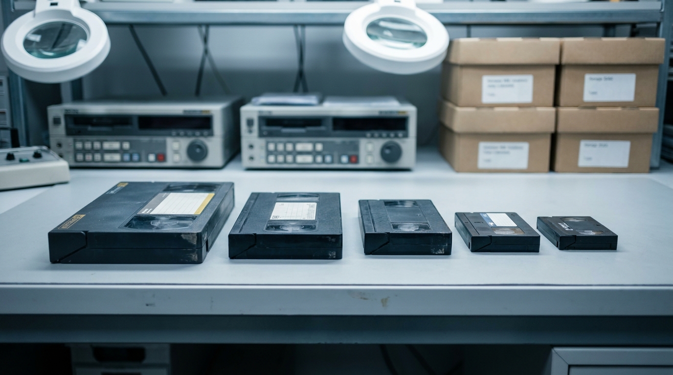 Consumer video tape formats compared by size: VHS, Betamax, VHS-C, Video8 family and MiniDV